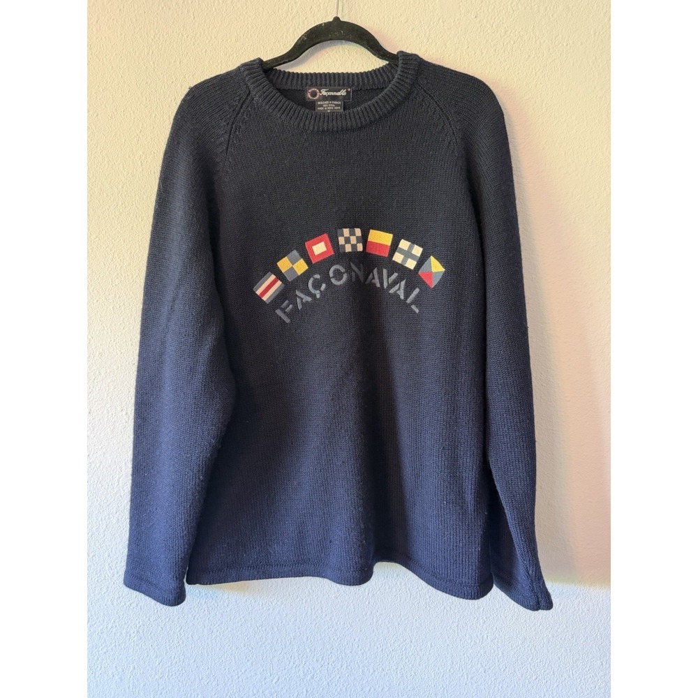 Faconnable Wool Sweater Mens MediumBlue Red Green Crew Neck Thick Heavy Pullover